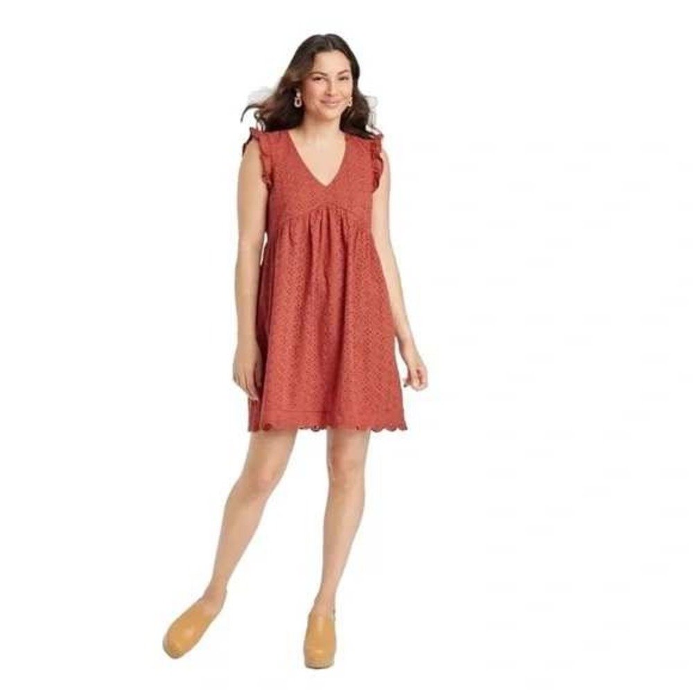 Knox Rose Rust Orange Eyelet Ruffle Sleeve V-Neck Babydoll Mini Dress Womens XL